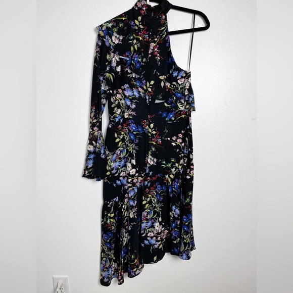 Parker One Sleeve Silk Black Asymmetric Ruffle Dress 6 Dark Floral Flounce - Picture 7 of 12